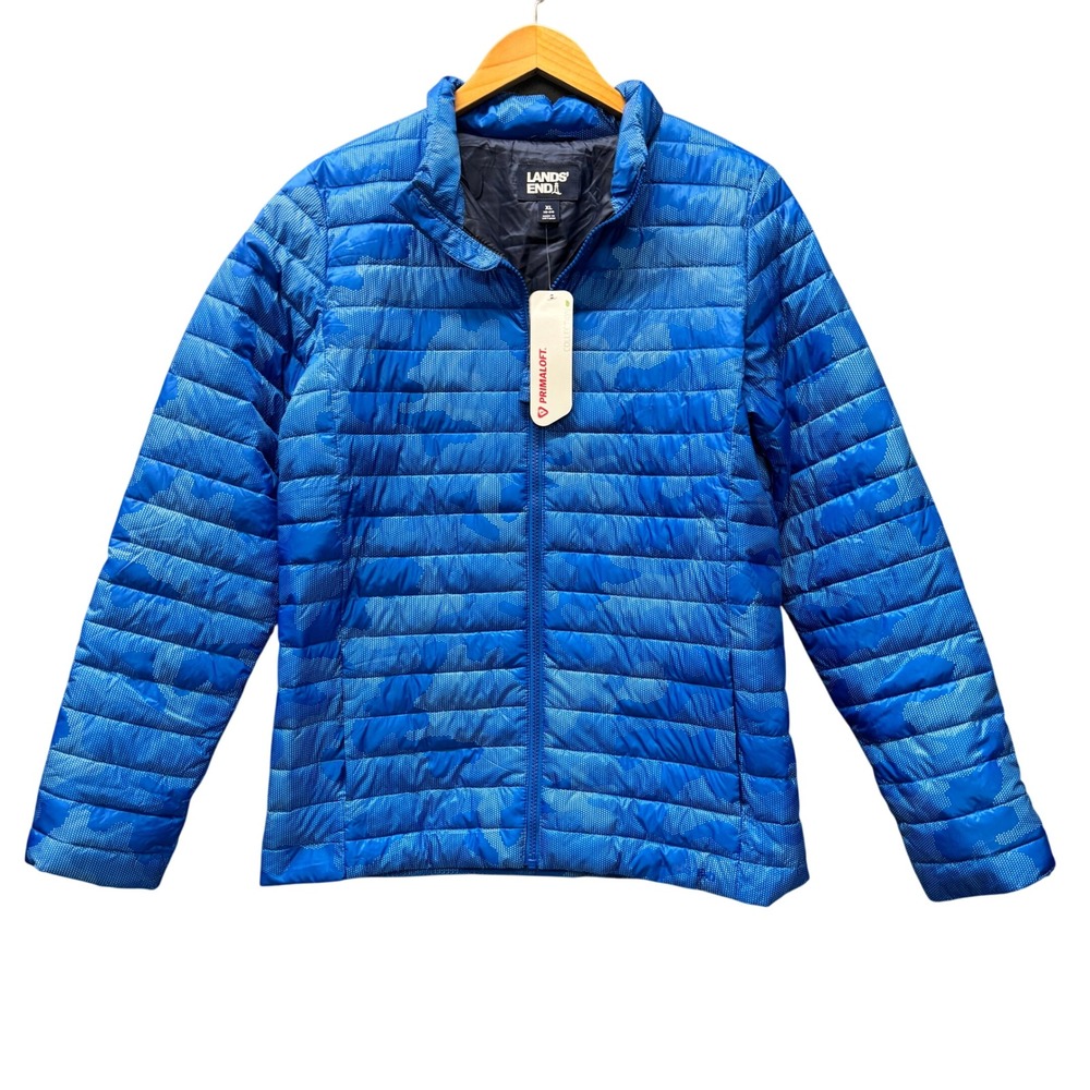 Lands' End Puffer Jacket Kids XL ThermoPlume Blue Camo Packable PrimaLoft NEW